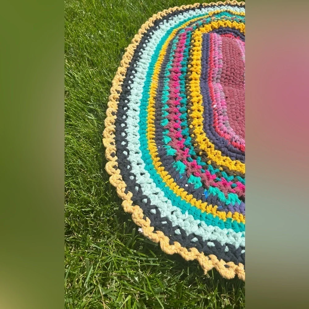 HANDMADE crochet upcycled recycled bohemian multicolor mat Sz 35